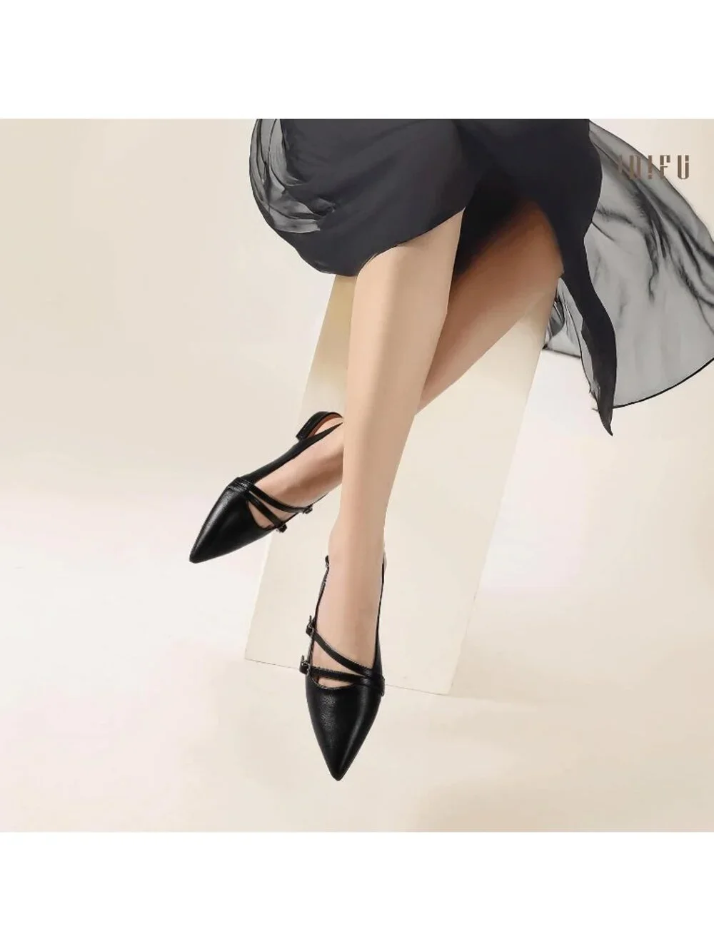 Women's Black Pu Pointed Toe Strappy Slingback Ballet Flats Formal Dress Shoes
